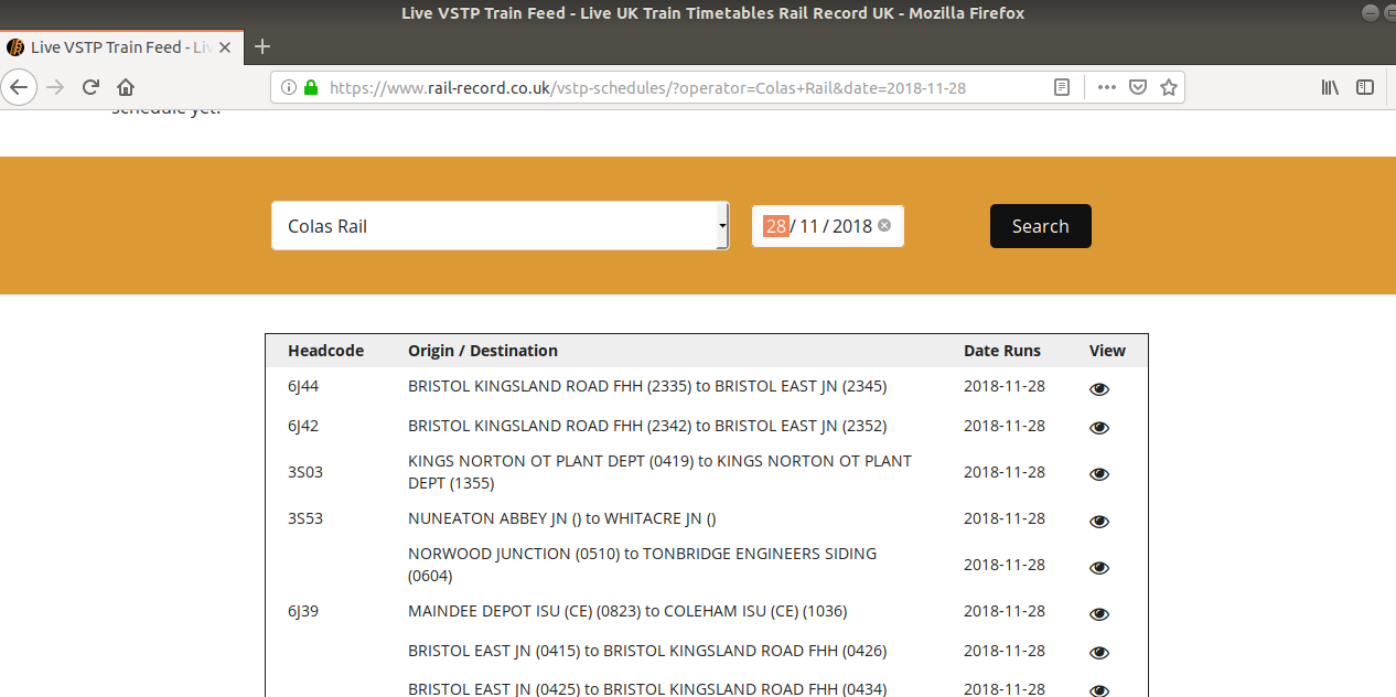 A list of Colas Rail VSTP services