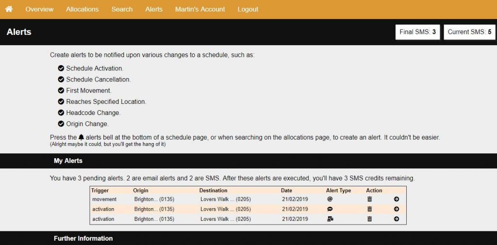 Rail Record Email SMS Alerts Page