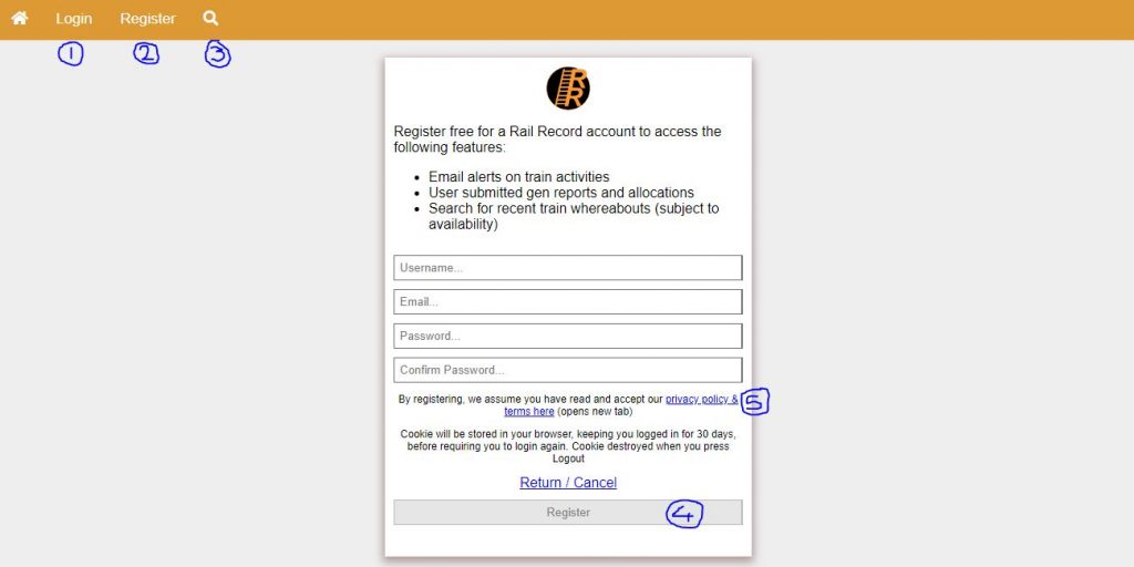 Rail Record Registration Form Screenshot Labelled