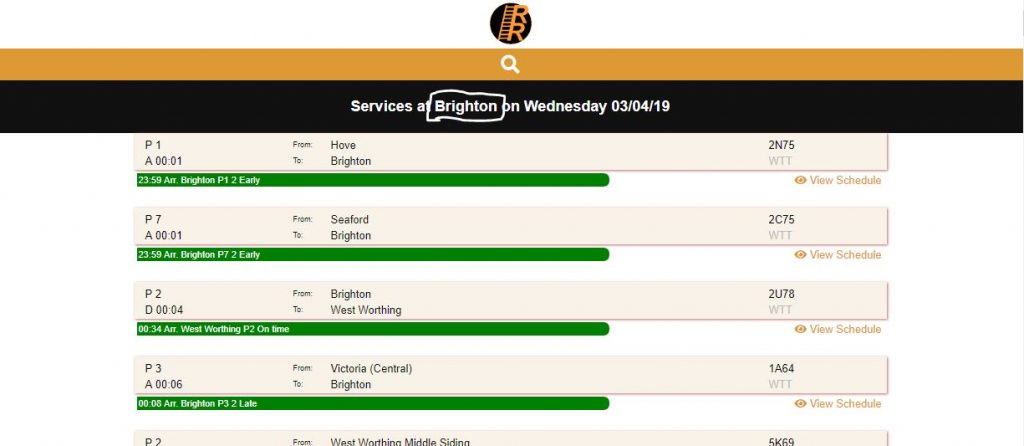 Brighton Live Train Times Search Results Highlighted